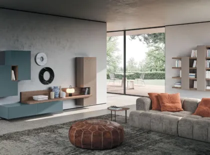 Parete Attrezzata Composizione Horizon 922 in laccato opaco, legno e materico di Mobilgam