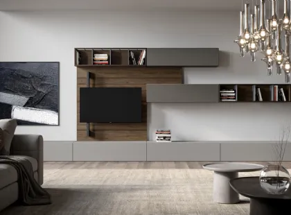 Parete Attrezzata Rebel Living 01 in laccato opaco, legno, vetro e ferro di Fimar