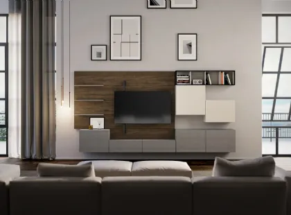 Parete Attrezzata Rebel Living 03 in laccato opaco, materico e legno di Fimar