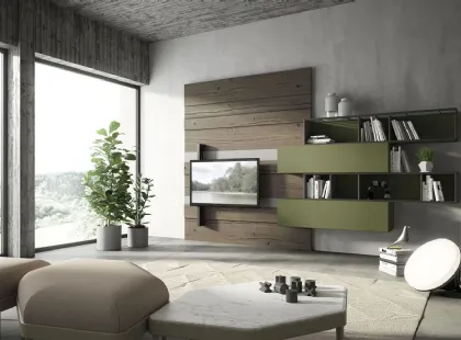 Parete Attrezzata Rebel R01 in laccato opaco cenere e bosco e quercia con particolari in vetro e ferro di Fimar