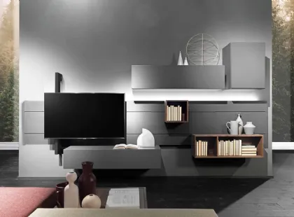 Parete Attrezzata Sorvolo D01 in finitura pietra lavica, laccato ferro e noce random di Fimar