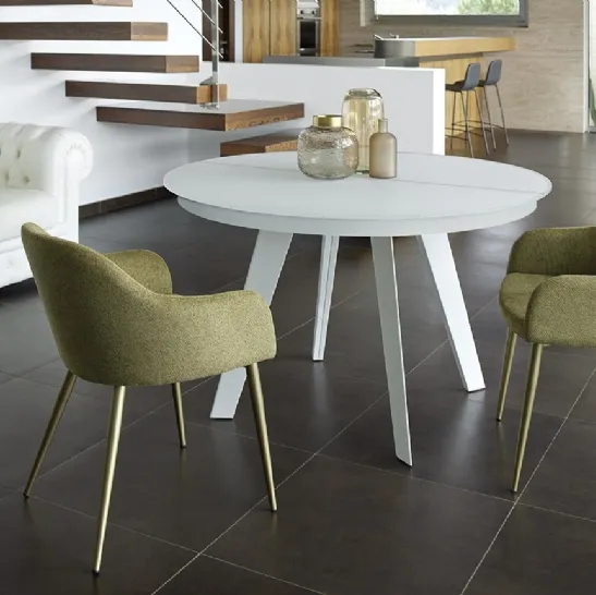 Tavolo rotondo allungabile con top in vetro e gambe in metallo Sirius T33 di Friulsedie