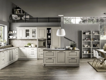 Cucina Classica angolare con isola centrale Nora 02 in legno Decapé Gesso ed Ecru di Arrex