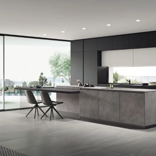 Cucina Moderna con isola AL 32 04 in HPL Cemento e Vetro opaco Nero di Arrex