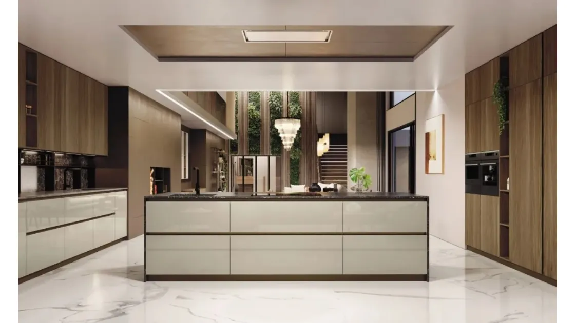 Cucina Moderna con isola AL 32 10 in Vetro lucido Juta e Noce Canaletto di Arrex