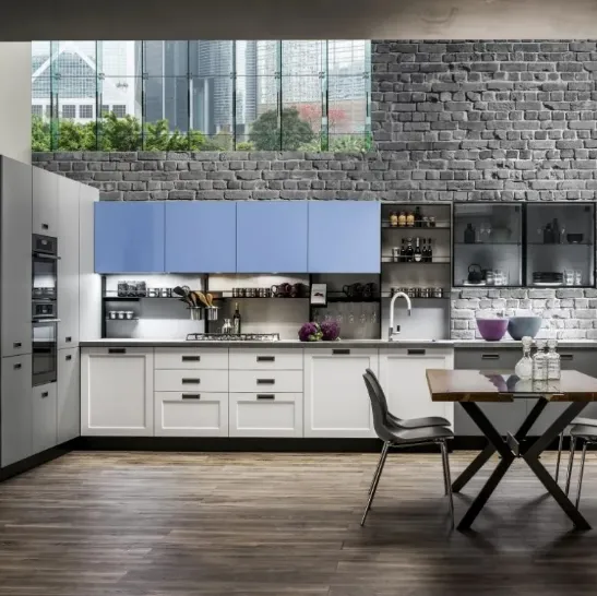 Cucina Moderna angolare Dallas 05 in PET Zucchero Grigio e Timo di Arrex