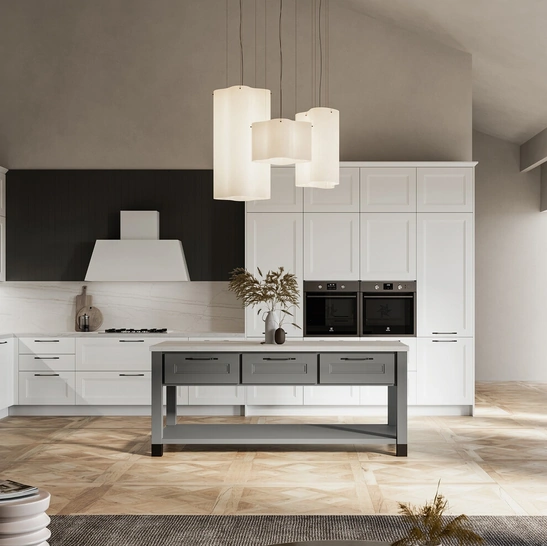 Cucina Moderna angolare Meg 03 in polimerico bianco e laccato fossile di Arredo3